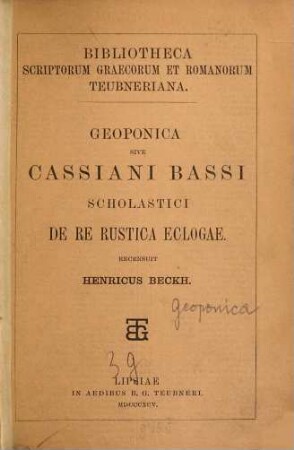 Geoponica sive Cassiani Bassi scholastici De re rustica eclogae