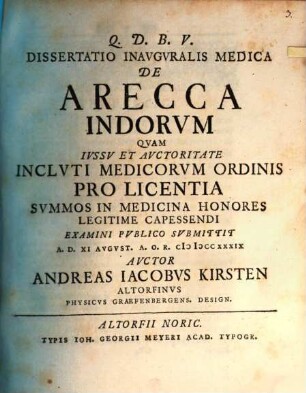 Dissertatio Inauguralis Medica De Arecca Indorum