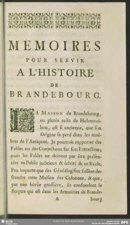 Mémoires Pour Servir A L'Histoire De Brandebourg