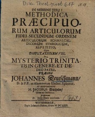 De Mysterio Trinitatis In Genere, Et De Deo Patre