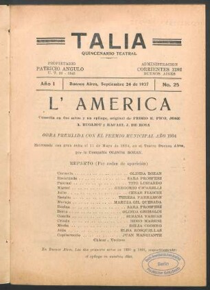 1937002500: L' América : comedia en dos actos y un epílogo