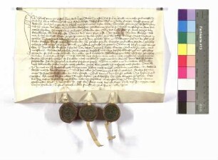 Ulrich Graf von Helfenstein gegenüber Graf Kraft von Hohenlohe; Siegel: Ulrich von Helfenstein, Heinrich Kraft, Bürgermeister und Hans Ehinger, Bürger zu Ulm.