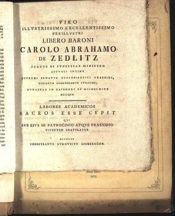 Viro Illvstrissimo Excellentissimo Perillvstri ... Carolo Abrahamo De Zedlitz ...