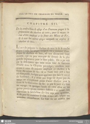 Chapitre XII. De la construction & usage d'un Fourneau propre à la préparation du charbon de terre, pour le mettre en état d'être employé à la fonte des Mines de Fer, & à tous les autres usages auxquels on emploie le charbon de bois