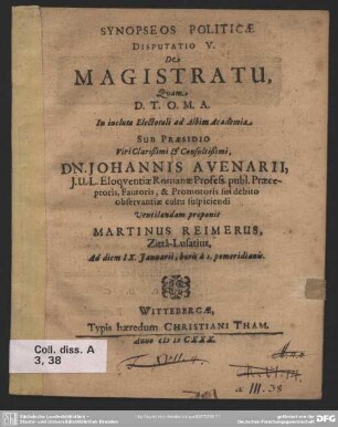 Synopseos politicae disputatio V. de magistratu