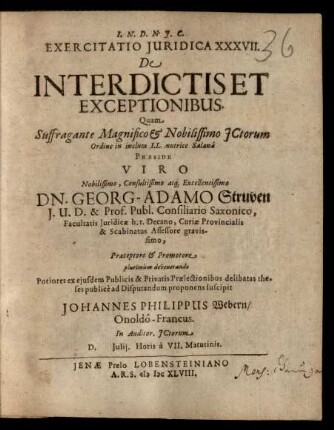 Exercitatio Iuridica XXXVII. De Interdictis Et Exceptionibus