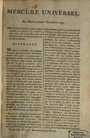 Le Mercure universel. 9. 1791 = Nov.