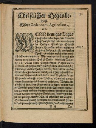 Christlicher Gegenbeweiß. Wider Gedeonem Agricolam, &c.