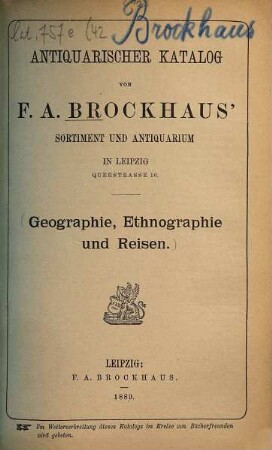 Antiquarischer Katalog von F. A. Brockhaus' Sortiment und Antiquarium in Leipzig. [42.] 1889