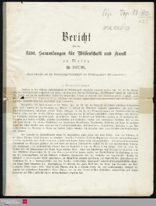 Bericht über die städt. Sammlungen für Wissenschaft und Kunst zu Mainz für 1897/98