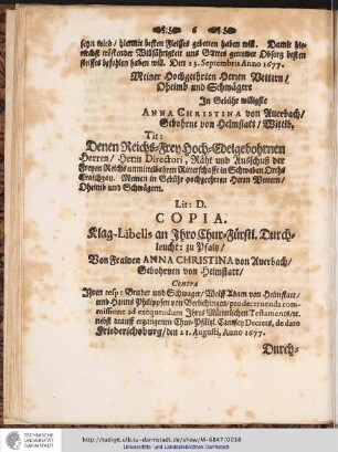 Lit: D. COPIA. Klag-Libells an Ihro Chur-Fürstl. Durchleucht : zu Pfaltz/ ...