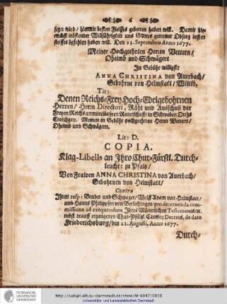 Lit: D. COPIA. Klag-Libells an Ihro Chur-Fürstl. Durchleucht : zu Pfaltz/ ...