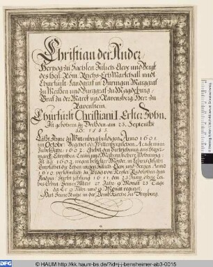 Textblatt zum Porträt des Kurfürsten Christian II. von Sachsen