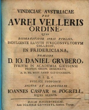 Vindiciae Austriacae Pro Aurei Velleris Ordine