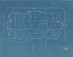 Rathauserweiterung in Siegen, Grundriss des Dachgeschosses. Inhalt: (von links nach rechts); Hochbau; Stadtbaurat: Registratur; Baupolizei; verfügbar; Flur; Tiefbau; verfügbar; Flur; Bote