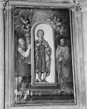 Rahmenbild zur Statue des heiligen Ansanus: Die heilige Barbara und der heilige Bartholomäus