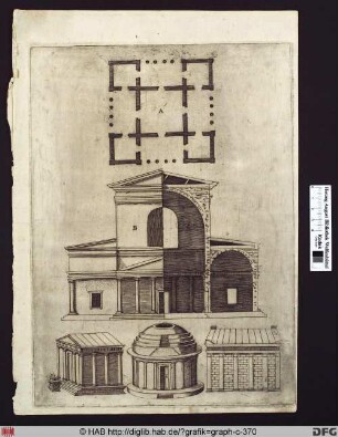 Abbildung antiker Bauwerke: Tempel, Observatorium, Grabmal.