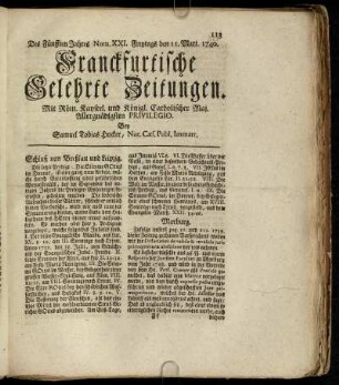 Num. XXI. Freytags den 11. Mart. 1740 - Num. XXX. Dienstags den 12. April 1740