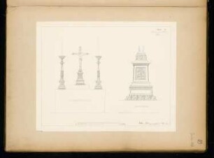 Altar mit Kruzifix Monatskonkurrenz Januar 1860: Aufriss Vorderansicht; Maßstabsleiste. Detail Kruzifixfuß 1:4