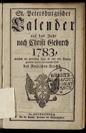 1783: St. Petersburgischer Calender auf das Jahr nach Christi Geburth 1783