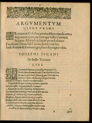 Argumentum Libri Primi. ... Josephi Iscani De bello Troiano Lib. I.