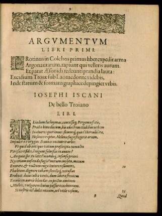 Argumentum Libri Primi. ... Josephi Iscani De bello Troiano Lib. I.