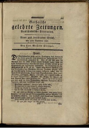 Neun und dreißigstes Stück, den 29ten September 1792.