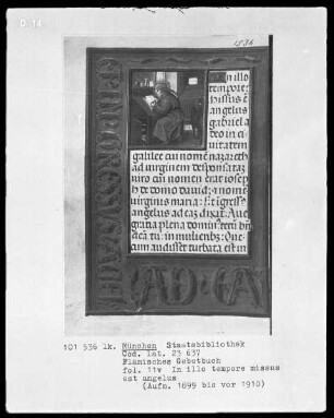Flämisches Gebetbuch mit Kalender — Der Evangelist Lukas beim Schreiben, Folio 11verso