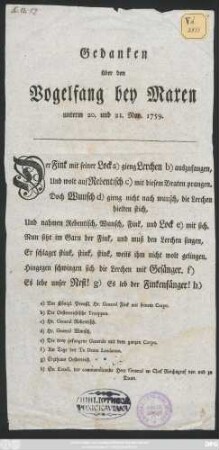 Gedanken über den Vogelfang bey Maxen unterm 20. und 21. Nov. 1759.