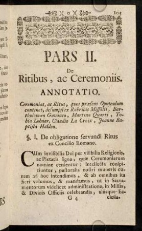 103-166, Pars II. De Ritibus, ac Ceremoniis.