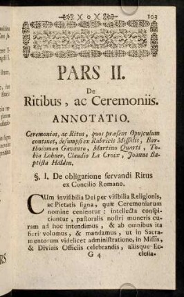 103-166, Pars II. De Ritibus, ac Ceremoniis.