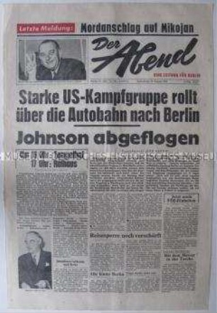 Titelblatt der West-Berliner Tageszeitung "Der Abend" zur Lage in und um Berlin nach dem "Mauerbau"