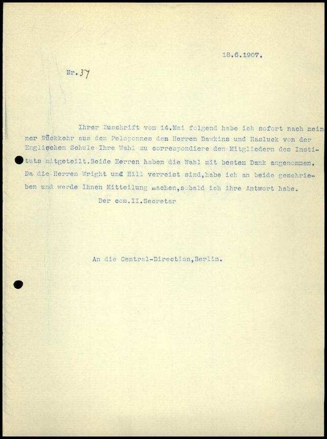 Bericht des zweiten Sekretars an die Zentral-Direktion | Digitalisierung: Deutsches Archäologisches Institut, Athen, Archiv