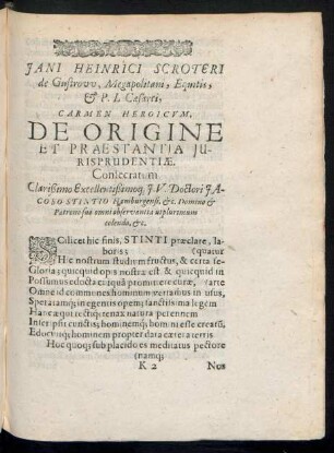 Jani Heinrici Scroteri de Gustrow ... Carmen Heroicum, De Origine Et Praestantia Iurisprudentiae.