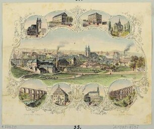Bilderbogen mit einer größeren Stadtansicht von Plauen im Vogtland von Süden und acht kleineren Ansichten von Bauwerken Plauens