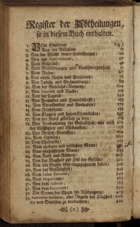 Register der Abtheilungen, so in diesem Buch enthalten.