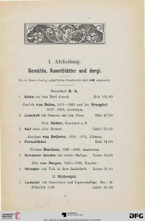 I. Abteilung. Gemälde, Kunstblätter und dergl. (Nr. 1-105)