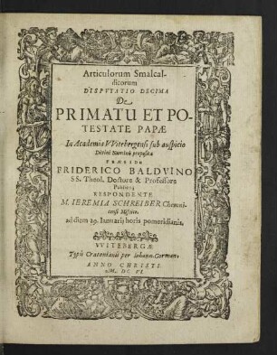 Articulorum Smalcaldicorum Disputatio Decima De Primatu Et Potestate Papae