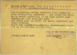 Postkarte des Graphikers Max Eismann an die Künstlervereinigung "Die Abstrakten" zur Großen Berliner Kunstausstellung 1931 - Sachkonvolut