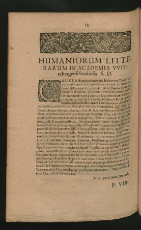 Humaniorum Litterarum In Academia Wittebergensi Studiosis S. D.