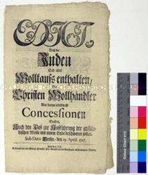 Edikt von Friedrich Wilhelm I. König in Preußen über Handelsbeschränkungen für Juden