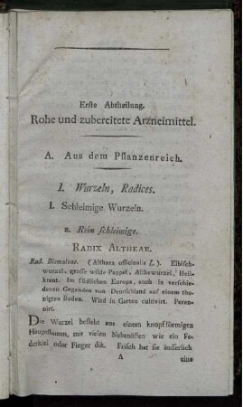 Erste Abtheilung. Rohe und zubereitete Arzneimittel.