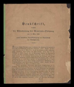 Denkschrift, betreffend die Abänderung der Gemeinde-Ordnung vom 11. März 1850