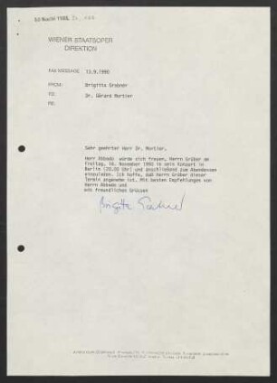 Brief an Gerard Mortier, 13.09.1990