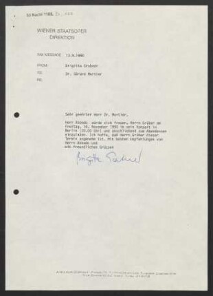 Brief an Gerard Mortier, 13.09.1990