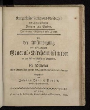 Des dritten Abschnitts erste Hälfte: Kurzgefaßte Religions-Geschichte der Herzogthümer Bremen und Verden