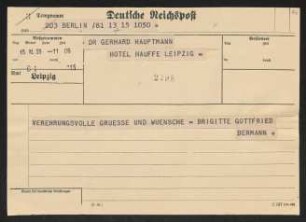 Brief von Brigitte Bermann Fischer und Gottfried Bermann Fischer an Gerhart Hauptmann