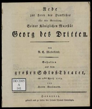 Rede zur Feier des Dankfestes für die Genesung Seiner Königlichen Majestät Georg des Dritten