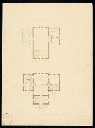 Schützenhaus Monatskonkurrenz Mai 1832: Grundriss Erdgeschoss, Obergeschoss; Maßstabsleiste, Erläuterungstext