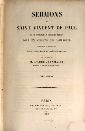 Sermons de Saint Vincent de Paul de ses coopérateurs et successeurs immédiats pour les missions des campagnes. 2